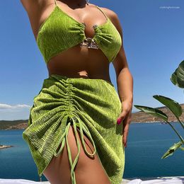 Women's Swimwear Echoine Bright Green Bikini Set 3 Piece Drawsting Pleated Mini Skirt Swimsuit Beachwear Summer Women Bathing Suit 2023