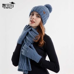 9989 Autumn Winter Solid Colour Plush Knitted Glove Scarf Three Piece Set Outdoor Thickened and Warm Wool Hat Children