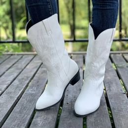 Boots Embroidered Western Cowboy for Women Autumn Pointed Toe Knee High Woman Chunky Heels Slip-On Thigh Booties 231009