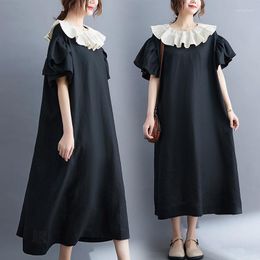 Party Dresses 5638 Summer Luxury Elegant Lady Cotton Linen Dress For Women Ruffle Collar Simple Black Flare Sleeves Retro Casual Female