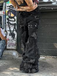 Women s Jeans American Street Gothic Dark Style Pocket Cargo Pant High Waist Elastic Belt Loose Black Punk Grunge Denim 90S 231009