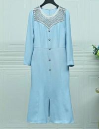 Casual Dresses Top Quality 2023 Autumn Winter Dress Women Beading Button Deco Split Front Long Sleeve Mid-Calf Purple Blue Black XXL