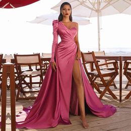 Prom Wedding Party Dresses Women Evening Elegant Sexy One Shoulder Backless Satin Pleated Side Split Loose Long Maxi Dress 2022 Y2256D
