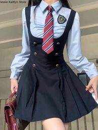 Theme Costume Japanese Kawaii JK School Uniform Summer Cute Slim Shirt Sets Solid Graduation Girls Cosplay Strap Skirt 231009