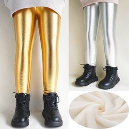 Trousers Kids Gold Silver Colour Fleece Pants Autumn Winter Girls Thicken Children Slim Metallic Glossy Plus Velvet 231007