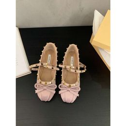 Valentine with Ballet ballerinas flats Satin tone-on-tone studs Ballet Sole Riveted Flat Bow Women's Shoes Silk Cross Strap Shoe Girl shoes YS7LL