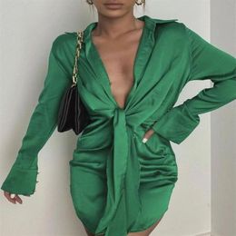 Casual Dresses V-neck Soft Silk Satin Dress Women 2021 Spring Long Sleeve Collect Waist Tie Knot Mini Short Elegant Lady Office310N