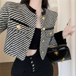 Women's Jackets Vintage Stripy For Women Autumn Winter Stand Collar Long Sleeve Simple Coat Loose Casual Short Chic Outerwear