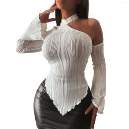 Women's T Shirts Casual Textured Irregular Hem T-Shirt Fashion High Neck Flare Long Sleeve Sexy Off Shoulder Cropped Tops Autumn