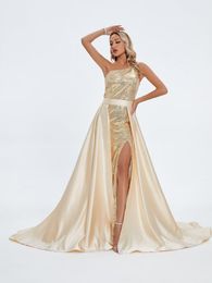 One Shoulder Sequin Dresses Long Satin Evening Gowns Formal Party Dress for Women with Detachable Train