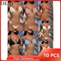 Women's Swimwear 10 Sets Wholesale Y2k Sexy Bathing Suit Women 2023 Summer Split Swimsuit Chain Bikinis Set Collection Swimwears O11369-2