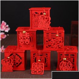 Gift Wrap Gift Wrap Many Styles Wood Chinese Double Happiness Wedding Favour Boxes Candy Box Red Classical Sugar Case With Tassel 6.5X6 Dhrti