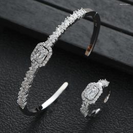 Necklace Earrings Set Luxury 2PCS Irregular Rectangle Square Opening Round Bracelet With Multiple Rings Fashion Jewelry For Women Wedding