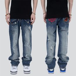 Men's Jeans High Street Pleated Embroidered Splash Ink Men Streetwear Loose Retro Denim Pants Hip-Hop Straight