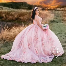 Glitter Pink Quinceanera Dress Sweetheart Off The Shoulder Appliques Lace Flower Beads For 15 Girls Ball Formal Gowns