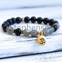 MG0696 New Design 8 mm Black Tourmaline Bracelet Natural Faced Labradorite Gemstone Energy Bracelet Women's Chakra Yoga Mala Brace230F