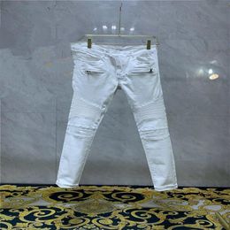 Designer Mens Jeans Vintage Fold Style Hole Fashion White Denim Trousers Slim-leg Motorcycle Biker Causal Men s Hip Hop Pants Size237f