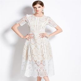 Basic Casual Dresses French Fashion Lace Hollow Out Long Dress Women Summer Short Sleeve Elegant Mid-Length High Quality Vestidos 312z