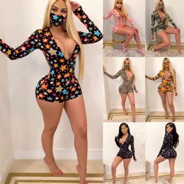 Damen Jumpsuits Strampler Kleidung Print Playsuit V-Ausschnitt Langarm Shorts Skinny Jumpsu Pyjama Onesies Nachtclub Plus Size227v