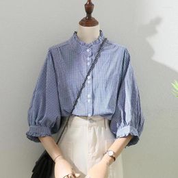 Women's Blouses DUOFAN Preppy Style Blue White Plaid Ruffled Collar Half Sleeve Shirts Summer Lady Standing Blusas