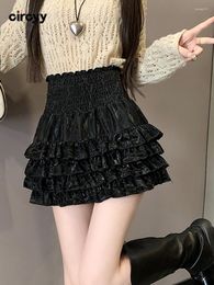 Skirts Circyy Mini Skirt Women 2023 Fall Winter High Waist Solid Pleated Ruffles Ball Gown With Liner Korean Leather