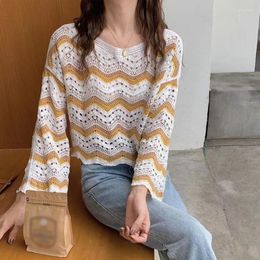 Women's Sweaters Women Mesh Net Pullover Top Crochet Knitted Striped Holiday Loose Sweater Shirts A5KE