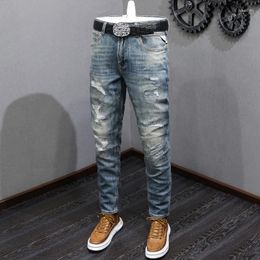 Men's Jeans Fashion Designer Men High Quality Retro Washed Blue Stretch Slim Fit Ripped Patched Vintage Denim Pants Hombre