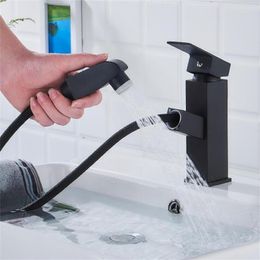 Bathroom Sink Faucets Square Pull Out Basin Faucet Chrome And Black Cold Water Sprayer Tap Single Hole Deck Mounted Supplies