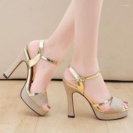 Sandals Summer One Line Buckle Strap Thick Heel High Stage Show Shoes For Women's Fashion Large Sexy Sequins Casual Fish Mouth