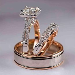 Gorgeous 3Pcs Set Women Wedding Rings Mosaic CZ Two Tone Romantic Female Engagement Ring Fashion Jewelry264y