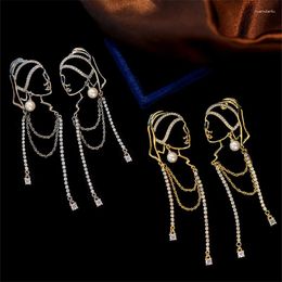 Dangle Earrings S925 Needle Pearl Crystal Chain Portrait Pendant Vintage Personality Hyperbole Long Women Jewellery