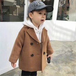 Kid's spring and autumn new coat boy baby Woollen coat long double-breasted warm infant toddler lapel tweed winter coat