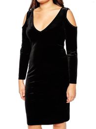 Plus Size Dresses Elegant Long Sleeve Off Shoulder Party Dress Women Solid Black Sexy V-Neck Spring Autumn Midi Large 6XL 7XL