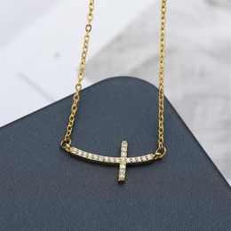 Tiny Gold Curved Sideways Cross Necklace For Women Men Cubic Zirconia Religious Pendant Jewellery Charm Collier Chains263R