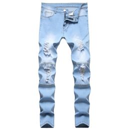 Men's Jeans Man White Mid High Waist Stretch Denim Pants Ripped Slim Skinny Fold For Men Jean Casual Fashion Personality Pant2854