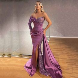 Women's Evening Arab Gorgeous Dresses Satin Mermaid Side Split Fold Princess Fashion Celebrity Prom Gowns Formal Party Robe De