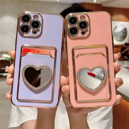 Glitter Rhinestone Love Heart Mirror Plating Wallet Card Case For iPhone 1514 13 11 12 Pro Max 14 15 Plus Soft Slot Cover