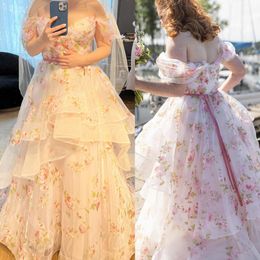 Celestial-inspired Floral Wedding Dress 2024 Off-Shoulder Ruffles Blush Pink Organza Bridal Ceremony Rehearsal Reception Engagement Party Night Dance Gown Boho