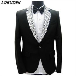 Sparkly Rhinestones Black Jacket Blazers Pants Men's Suits Male Singer Stage Performance Costume Party Host Groom Wedding Dre286l