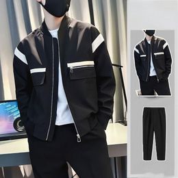 Men's Tracksuits Male Contrast Colour Patchwork Coats Two Pieces Set Men Jacket Straight Wide Leg Pants And Jackets Korean Style Tide 2023