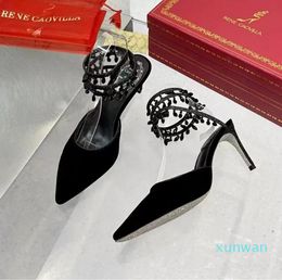 RENE CAOVILLA New Women's Sandals Crystal Black Bling Entangled Rhinestone High Heels Summer Shoes For Women Sandals