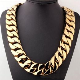 hip hop 18K Gold Plated High Polished Miami Cuban Link Necklace Men Punk 32mm Curb Chain Dragon-Beard Clasp 28 255O