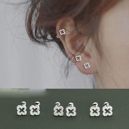 S925 Sterling Silver Plated Hollow Mini Clover Designer Earring Ear Studs Shining Zircon Crystal Lucky Flower Screw Back Earrings Earings For Women Girl Jewellery