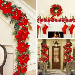 Christmas Decorations 2m 10LED String Lights Christmas Flower Garland Artificial Poinsettia Flower For Home Fireplace Decor Xmas Tree Ornaments Wreath 231009