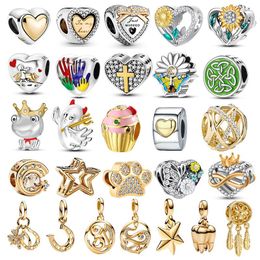 Loose Gemstones Heart Sunflower Hand In Star Gold Color Charms Beads 925 Silver Fit Bracelet For Women DIY Jewelry Accessor