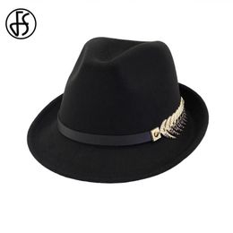 FS New Wool Felt Women Men Fedora Hat For Spring Autumn Elegant Lady Trilby Jazz Hats Panama Cap Black Curl Brim270r