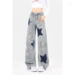 Women's Jeans Retro Star Embroidery High Waist Cargo Women Streetwear Washed Distressed Denim Trousers Straight Oversized Pants