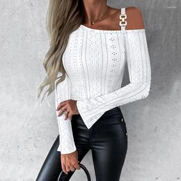 Women's Blouses Sexy One Shoulder Women Blouse Fashion Metal Buckle Slim Long Sleeve Shirt Elegant Solid Color Casual Office Female