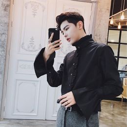 Black And White Ruffle Designer Spring Mens Casual Shirt Camisa Fashion Masculina Solid Wedding Gothic2938