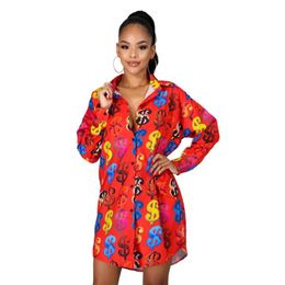 Dollar Print Shirt Dresses Women Designer Lapel Neck Long Sleeve Short Mini Dress Ship301T